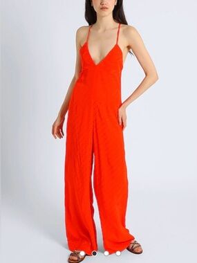 Topshop Red/Orange Polka Dot Jacquard Wide Leg Jumpsuit - NWT - Sz 4